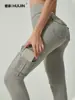 [Huijin] Pantalones de Yoga de Cintura Alta para Trabajo con Bolsillos, Estilo Europeo y Americano, Secado Rápido, Elásticos, para Fitness, con Forma de Melocotón en Cadera