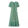 Moda Verão Europeia e Americana 2025 Elegante Gola Redonda Manga Bufante Estampado Slim Fit Vestido Longo para Mulheres 2682