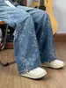 Jeans com Bordado Jacquard Transfronteiriço Feminino Outono Inicial Cintura Alta Calças de Perna Larga Soltas Calças Longas Retas de Perna Reta Limpar o Chão Dropshipping