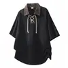 Camisa Polo com Cadarço Estilo Americano, Camiseta Masculina de Verão Tendência Patchwork de Manga Curta/Meia-Manga, Top Casual Versátil