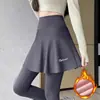 Calças de Pele de Tubarão para Mulheres, Adequadas para Uso ao Ar Livre no Outono e Inverno, Calças de Yoga de Cintura Alta com Forro de Fleece e Design de Saia, Leggings Dois em Um, Calças Esportivas para Pilates