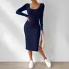 Estação Independente da Amazon Cruzamento de Fronteira Outono e Inverno Novo Europeu e Americano Gola Quadrada Manga Longa Bainha com Fenda Jacquard Tecido Escovado Vestido Feminino