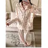 Conjunto de pijama para mujer de manga larga y pantalón largo, de algodón suave tipo anti-bolitas, se puede usar afuera como ropa casual para estar en casa. (Oro