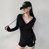 Moda Ajustada con Media Botonadura con Capucha de Manga Larga para Mujer Nuevo Top de Color Sólido Sencillo Adelgazante Estilo Chica Americana Caliente Favorecedor de la Figura