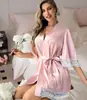 Bata de Novia Estilo Europeo y Americano, Regalo para Dama de Honor, Bata Larga con Ribete de Encaje y Mangas, Bata Casual para Casa con Lazo