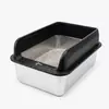 Bandeja para arena de gato de acero inoxidable, tipo abierta con lados altos para prevenir derrames, tamaño grande, profundizada y engrosada, inodoro para gatos semicerrado