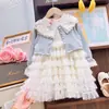 Ropa Nueva de Otoño para Niñas Vestido de Princesa de Malla con Top de Encaje de Dos Piezas Lindo Conjunto para Bebé
