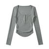 Camiseta de manga larga de polar para mujer, nueva camiseta básica de primavera 2024, estilo chica sexy, con cuello en U grande y botones ajustados