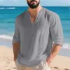 Camisa Casual de Lino para Hombre, Transfronteriza Europea y Americana, Holgada, Cuello en V, Manga Larga, Color Sólido, Holgada, Algodón-Lino, Transpirable, Camisa Base