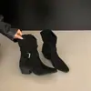 Botas Apiladas Plisadas de Gamuza con Hebilla Retro para Mujer 2026 Otoño/Invierno Nuevas con Corte en V Caña Ancha Tacón Grueso Botines Estilo Western