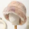 Chapéu de Pescador Colorido Tie-Dye Peludo para Outono e Inverno para Mulheres, Chapéu de Balde Espesso e Quente de Pele Sintética Cabelo de Raposa com Proteção para Orelhas