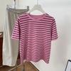 Camiseta Retro Japonesa de Jacquard Rayado Rosa con Cuello Redondo y Manga Corta para Mujer, Top Casual Versátil Holgado y Adelgazante para Mujer