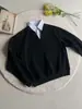 AMBSOM Intelectual Falso Duas Peças Listrado Gola V Cor Sólida Moletom Curto Largo Quadrado Pulôver Versátil Estilo College