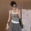 Camisole Feminina de Verão Fina com Costura de Cor Contrastante Estilo Hot Girl Americana Peça Falsa de Duas Peças Top Curto Sem Mangas Slim