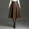Nova Saia de Couro PU Slimming de Cintura Alta para Mulheres Outono 2026, Fashion, Elegante, Simples, Versátil, Saia Midi de Linha A, Tendência