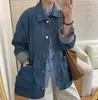 Jaqueta retro versátil de lapela estilo coreano para mulheres, novo estilo outono 2026, jaqueta casual de caimento solto estilo boyfriend de comprimento médio
