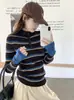 Foto Real~ Novo Estilo de Início de Primavera Blusa de Tricô Color Block Listrada de Gola Alta Meia Manga para Mulheres, Camisa Básica Slim Fit 94454