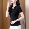 23 Xin Nueva Camiseta Negra de Manga Corta para Mujer con Cuello en V Pulóver de Color Puro Manga Media Cintura Interior Estilo Coreano Top y Camisa Pequeña