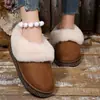 Sapatos Peludos de Solado Grosso, Forrados com Lã, Decorados com Strass, Novo Estilo Inverno 2025, Bico Redondo, Slip-On, Quentes, Botas de Neve de Comércio Exterior
