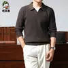Roupas masculinas populares no estilo old money, camisa polo de malha estilosa para homens, roupa casual de outono com gola tesoura, camisa masculina canelada de manga longa em cor sólida
