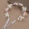 Diadema de Guirnalda Floral de Perlas para Niñas, Aro para el Cabello con Cinta de Flor de Princesa para Fiesta de Cumpleaños