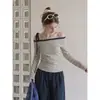 Camiseta de manga larga con bloques de color a rayas y tirantes en los hombros estilo coreano de Forever21 para mujer, top corto ajustado de otoño
