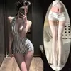 Lencería Sexy Escote Profundo Espalda Descubierta Estampado Rayado Abertura en la Entrepierna Body Ajustado Puro Deseo para Mujer Ropa de Casa