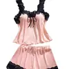 Pijama Sexy de Nuevo Estilo Transfronterizo para Mujer, Ribete de Encaje de Color Sólido, Colores Contrastantes, Ropa de Casa Dulce, Camisola con Shorts, Más Vendido en Comercio Exterior