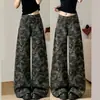 Jeans de Pierna Ancha Camuflaje Retro para Mujer, Nuevo Estilo Otoño, Tallas Grandes, Cintura Alta, Adelgazantes, Versátiles, Holgados, Lavados, Pantalones Rectos