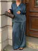 Conjunto de Satén Drapeado Otoño/Invierno 2026: Ajuste holgado, Cuello camisero, Cárdigan de manga larga, Pantalones de pierna ancha de cintura alta, Conjunto casual vintage de dos piezas