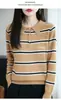 Novo Suéter 100% Lã Pura Feminino Gola Polo Listrado na Barra Top Básico Estilo Preppy Solto Contraste Gola Lapela Suéter