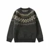 Yidao Vintage Otoño 2026 Nueva Colección: Suéter de punto para hombre, corte holgado, estilo relajado, bloques de color, cuello redondo, con patrón Fair Isle