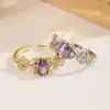 Anel Folha de Zircônia Roxa Vintage Estilo Francês, Artesanato de Microincrustação de Luxo Leve de Nicho, Acessório Suave e Elegante que Realça o Tom da Pele