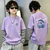 Camiseta de algodón de manga larga estampada para niños, moderna y sencilla, camiseta básica de retazos a rayas estilo coreano, top de imitación de dos piezas, estilo ins