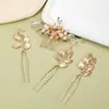 Estilo Antiguo Dinastía Han Tocado Aleación Hoja Pasador Sencillo Pedrería Nupcial Accesorios de Boda Peine Set de Pasadores