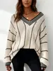 Novos Tops Europeus e Americanos Outono e Inverno, Suéteres Casuais Largos de Listras Verticais Amazon, Fabricante de Roupas de Tricô Femininas Transfronteiriças de Site Independente