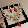 Pendientes y Collar Geométricos de Gota de Agua Incrustados con Diamantes Rojos de Venta Caliente Transfronteriza Set de Accesorios para Vestido de Cena de Lujo Ligero Alta Gama
