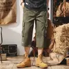 Shorts de Trabalho Retrô Americano Desgastado Lenhador Soltos Retos Multibolsos Algodão Puro Casuais Capris Verão Masculino