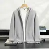 Suéter de cachemira con capucha para hombre, peso pesado, cárdigan grueso de cachemira, lujo ligero, bloques de color, corte holgado, chaqueta de punto de lana juvenil