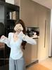 Tricô de Cor Sólida Decote V Ombro Manga Longa Inverno Feminino Suéter Justo Básico Tricotado Branco Ajustado Versátil Top