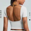 Top Deportivo Corto de Espalda Descubierta Sexy de Manga Corta para Mujer con Cuello Redondo Ajustado Elástico para Fitness Yoga Camiseta Corta
