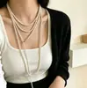 Colar Longo Fashion com Fecho OT Pérola de Alto Brilho para Mulheres, Camada Dupla, Corrente de Suéter de Luxo de Nicho com Senso de Design