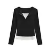 Top Sexy com Design Falso Duas Peças para Garota Popular, Manga Longa com Color-Blocking Único, Ajuste na Cintura, Patchwork Slim-Fit, Estilo Tendência
