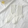 Calcetines Jisixiang para mujer, otoño e invierno, Nuevos, Color Marrón Maillard, de longitud media hasta la pantorrilla, algodón peinado, estilo coreano, color liso, calcetines de rizo plisado