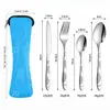 Set de cubiertos de acero inoxidable de tres piezas para Amazon, que incluye cuchillo para bistec, tenedor y cuchara, en una bolsa de tela creativa, adecuado para estudiantes y uso al aire libre