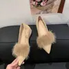 Zapatos de tacón bajo de punta aguda con pelo estilo coreano para la noche, que aumentan la altura, para otoño e invierno, zapatos retro de tacón medio, slip-on, de terciopelo, para mujer