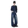 Jeans Anchos Bordados Azul Oscuro Vintage para Mujer, Nuevos Holgados Adelgazantes de Cintura Alta Rectos de Pierna Ancha Hasta el Suelo Modernos
