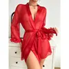 Camisón Ligero Transparente Sexy de Malla Transversal Más Vendido con Adorno Floral Tridimensional y Mangas Acampanadas, Ropa de Casa Corta