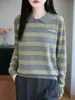 Camisa versátil de lana finamente hilada, ligera y cálida, con rayas, cuello clásico, manga larga, para mujer, para primavera y otoño, estilo commuter