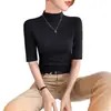 Camiseta Base Negra de Manga Media para Mujer con Cuello Alto Medio y Nueva Camiseta Ajustada de Manga de Cinco Cuartos Otoño 2025 Top de Manga Media